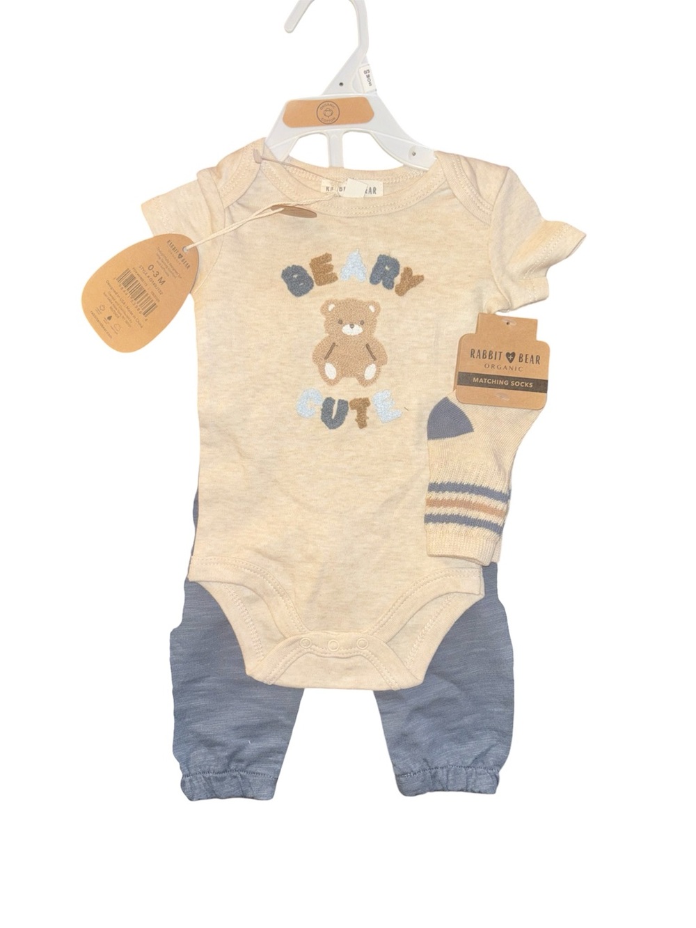 Rabbit & Bear Beige 'Beary Cute' One-Piece Bodysuit with Blue Pants
